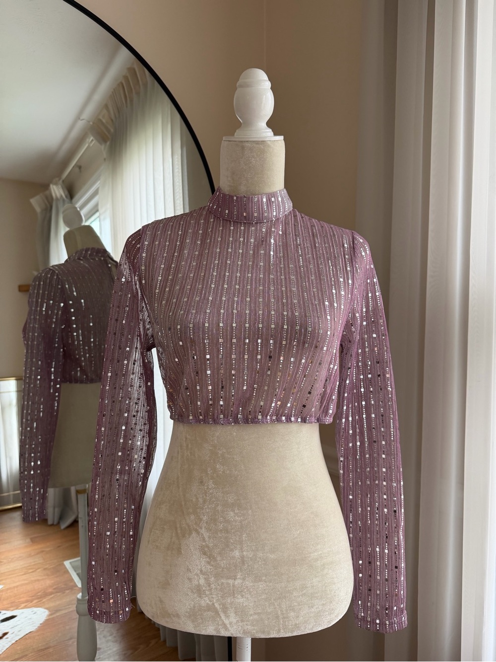 Shein Lilac Purple Sequin Sheer Mock-Neck Crop Top